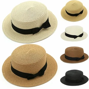 Womens Men Straw Boater Sun Hat Wide Brim Beach Summer Panama Bow Knot Flat Cap- - Picture 1 of 15