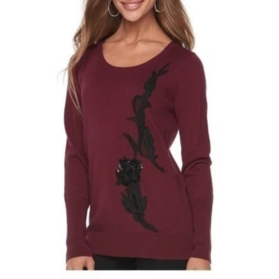 Sequin Lace Burgundy Sweater Women’s Size Small Appliqué red crewneck maroon - Image 1 of 4