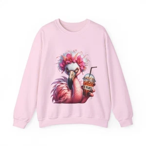 Funny Coffee Flamingo Sweatshirt “I Fuel on Coffee” Unisex Cute Pink Pullover - Picture 1 of 21