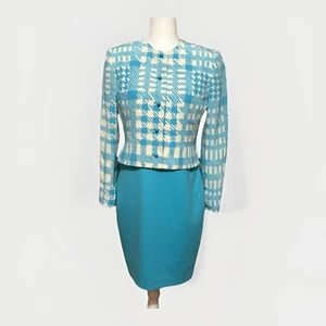 Vintage David Hayes Montaldos Seide Etuikleid Jacke Set 6 blau weiß Designer 80er - Bild 1 von 14