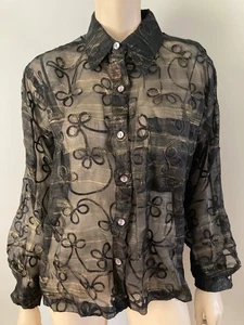 Chicos Design Vintage Gr. 2 Large 100 % Seide transparent bestickt Crinkle Bluse Jacke - Bild 1 von 7