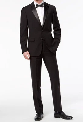 Traje chaqueta y pantalón de esmoquin satinado de lana negro Calvin Klein para hombre talla 42L 36W-32L Foto 1 de 4