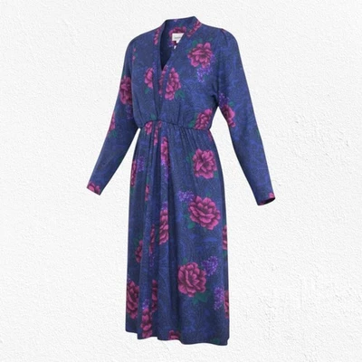 Vintage 80s Leslie Fay Blue Purple Floral Paisley Rayon Midi Dress Size 10 - Image 1 of 4
