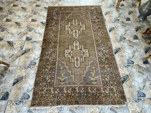 Vintage Turkish Wool Rug Hand-Knotted Antique Geometric Oushak Tribal Area 3x6 - Picture 1 of 13