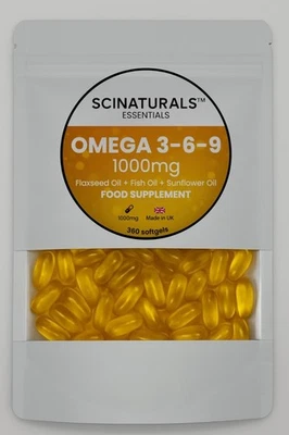 Omega 3 6 9 1000mg Fish Oil - 360 Capsules ONE YEAR SUPP - UK Made - SCINATURALS
