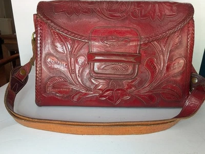 RARO Bolso de Cuero Reversible Tooled Rojo Tostado J.E. Gómez México Vintage Floral Foto 1 de 4
