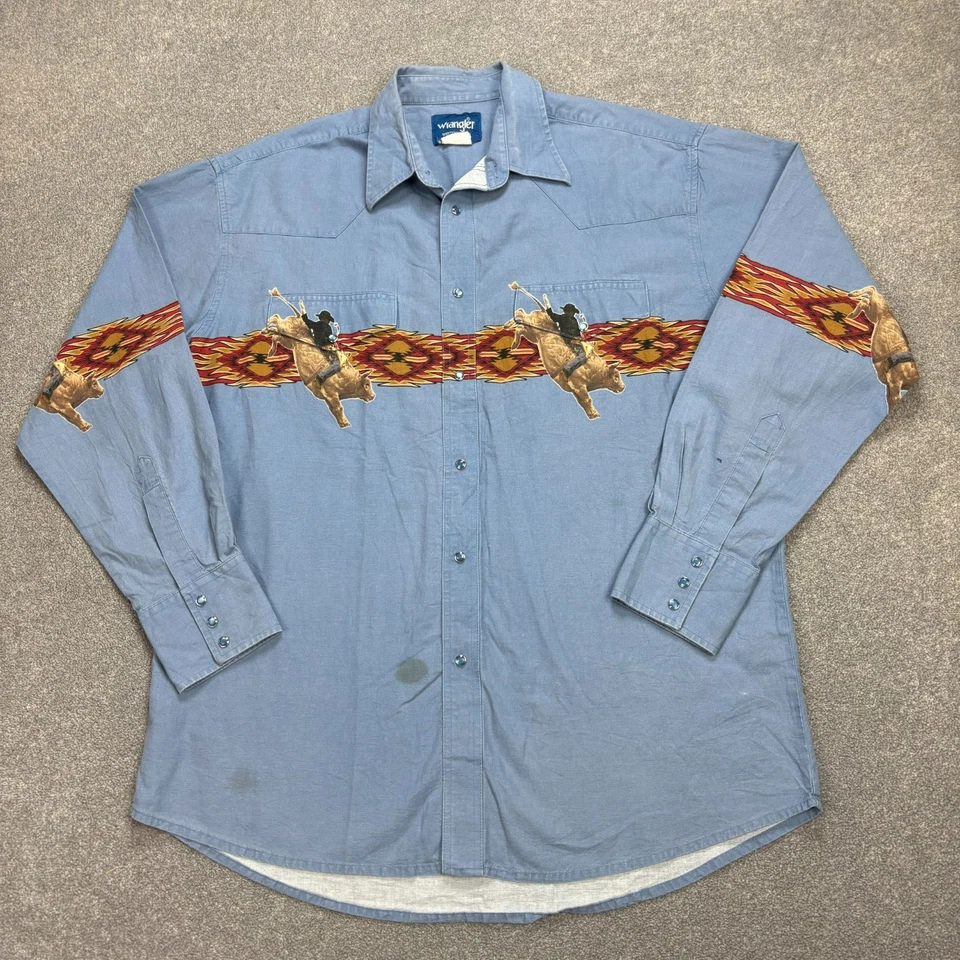 Wrangler Denim Shirt Adult Extra Large Blue Brushpopper Rodeo Cowboy Snap Men - Image 1 of 4