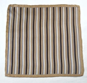 Striped Silk Pocket Square Tan Brown Blue Cream Stripe Hand Rolled 13" x 13" - Picture 1 of 2