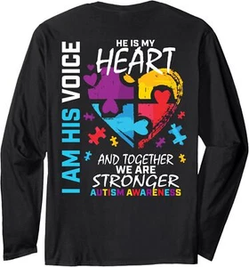 I Am His Voice He Is My Heart Puzzle Piece Autism Awareness Long Sleeve T-Shirt - Picture 1 of 6