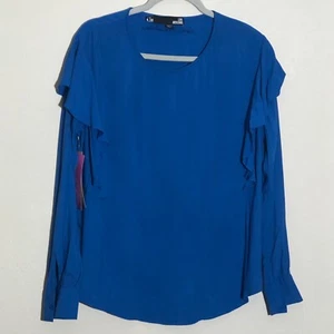 NWT LOVE MOSCHINO Womens 4 Blue Viscose Long Sleeve Shoulder Ruffle Blouse - Picture 1 of 9