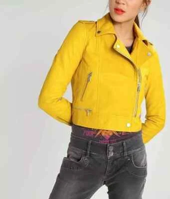Elegante chaqueta amarilla de cuero de piel de cordero genuina hecha a mano para motociclista motocicleta para mujer Foto 1 de 4