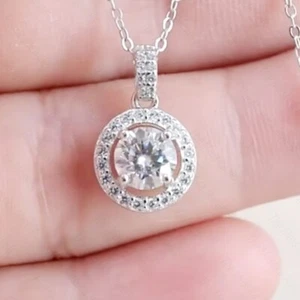 1.10 TCW Round Cut Moissanite Halo Women's Pendant 14k White Gold Plated - Picture 1 of 8