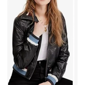 Free People Leather Bomber Jacket Women's Size XS Black New - Picture 1 of 13