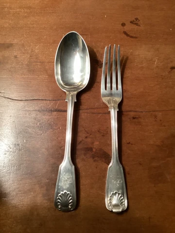 Antique Victorian Sterling Silver Serving Fork & Spoon,Fiddle Thread & Shell 9” Cover