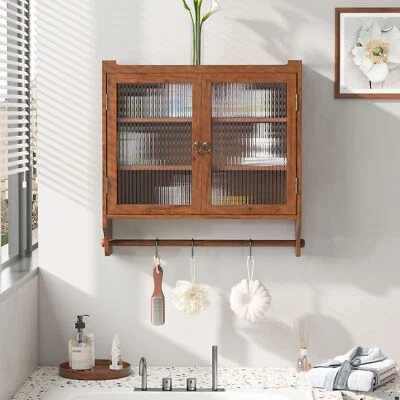 3-Tier Wood Wall Mounted Cabinet w/Glass Doors, Medicine Cabinet w/Towel Rack - Image 1 of 4