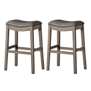 Maven Lane Adrien Saddle Barstool, Reclaimed Oak w/ Ronan Stone Vegan Leather - Picture 1 of 6