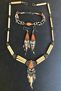 Orange Jasper Semi-Precious Stone Bamboo Peru Necklace Bracelet Earrings Set - Picture 1 of 4