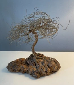 Vintage Wire Bonsai Tree Art Sculpture Driftwood Base Handmade Signed Metal Wood - Picture 1 of 7