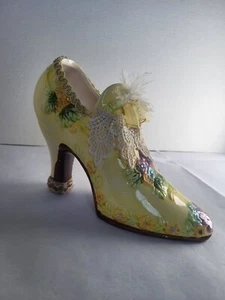 5.5" Vintage Inglaterra Victoriano Zapato Bota Estatuilla Amarillo Floral Pluma Encaje - Imagen 1 de 11