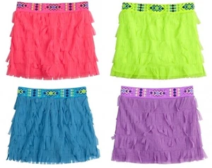 NWT Justice Girls Beaded Waistband Neon Mesh Fringe Knit Skirt Skort NEW - Picture 1 of 3