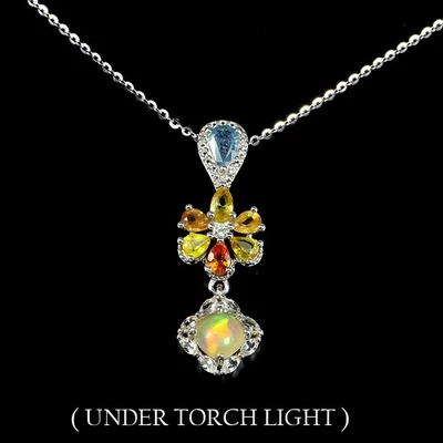 925 Sterling Silver Necklace Round Fire Opal Sapphire Topaz Gemstone Jewelry - Image 1 of 4