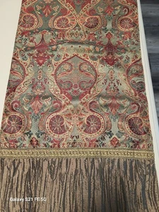 Satin sage green/ red elegant design beaded edge table runner 88" x 14" - Picture 1 of 14