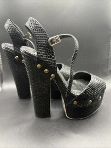 STEVE MADDEN Black Snake Studded Platform Ankle Strap Block Heels 6.5 - Picture 1 of 6
