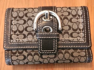 Cartera plegable de lona COACH Signature de cuero marrón con hebilla para monedas bolsillo a presión - Imagen 1 de 11