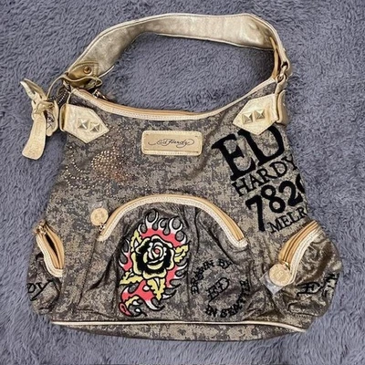 Ed Hardy Shoulder Hobo Bag Womens Gold Metallic Leather Tattoo Graphic Studded - Image 1 of 4