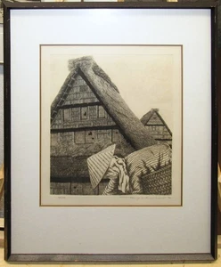 Tanaka Ryohei 1974 moderne japanische Radierung "Dächer von Hida" gelisteter Druckgrafiker - Bild 1 von 8