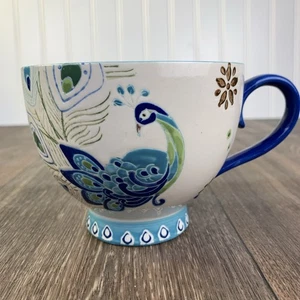 Dutch Wax Coastline Imports Hand Painted Peacock Tea Coffee Mug Oversized 3.5" - Picture 1 of 7