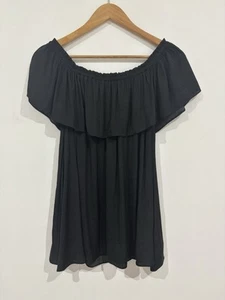 Decjuba blouse top womens size 10 black on or off shoulder ruffle neckline - Picture 1 of 8