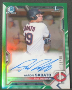 Aaron Sabato 2021 Bowman Chrome Green Refractor Autograph Rookie (91/99) Twins - Picture 1 of 2