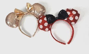 Disney Parks Minnie Mouse Headband Set 2 Sequin Gold Red Polka Dot Black Bow Ear - Picture 1 of 7