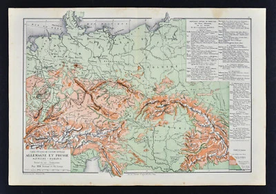 1885 Drioux Mapa Físico Europa Alemania Austria Hungría Imperio Suiza Alpes Foto 1 de 2
