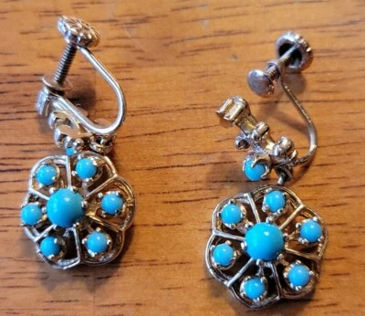 Pendientes de rueda colgante turquesa oro amarillo 14k sin perforar  Foto 1 de 4