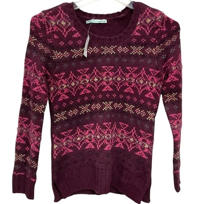 Suéter XS Maurice’s PR púrpura granate rosa rayas Fair Isle copo de nieve cuello redondo Foto 1 de 4