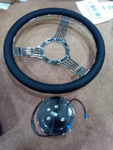 14" Billet Chrome Banjo Style Steering Wheel w/ Half Wrap Leather & Horn Button - Picture 1 of 4