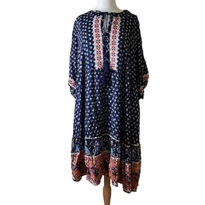 Bloomchic Boho Peasant Dress Sz 22-24 Black Floral Print Tassels Festival - Picture 1 of 6