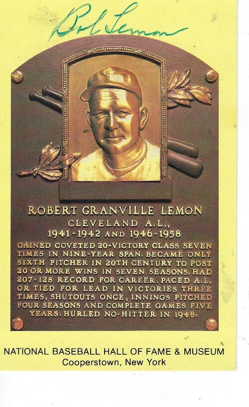 BOB  LEMON HAND SIGNED YELLOW HALL OF FAME PLAQUE POSTCARD - CLEVELAND INDIANS - Image 1 of 1