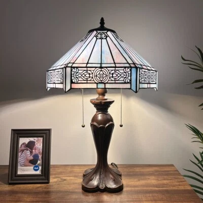 Tiffany Style Table Lamp Sky Color Stained Glass Hexagon LED Bulbs 24"H*16"W - Image 1 of 4
