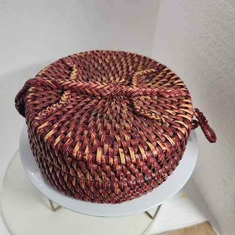 VTG Woven Basket w/ top  with Lizard or Alligator laying on top 6"  dyed Red Cover