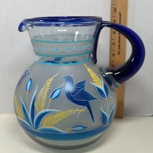 Hand Painted Blue Bird Frosted Glass Pitcher Cobalt Rim Vintage Art Floral  - Picture 1 of 6