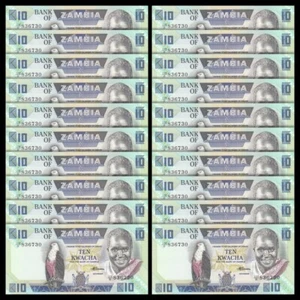 Zambia 10 Kwacha, 1986-1988, Pick#26, Lot of 20 pcs, UNC - Picture 1 of 2