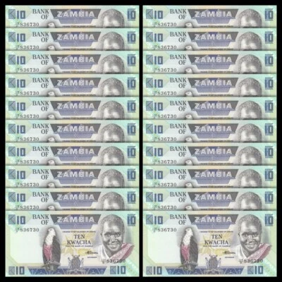 Zambia 10 Kwacha, 1986-1988, Pick#26, Lot of 20 pcs, UNC - Image 1 of 2