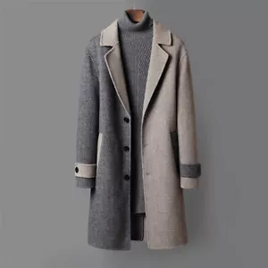 Mens Color Contrast Mid Long Loose Trench Coats Single Breasted Jackets Outwear - Picture 1 of 11