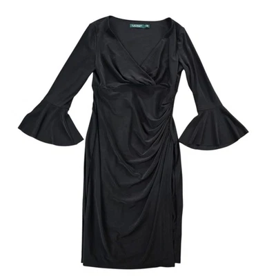 Lauren Ralph Lauren LBD Black Dress Faux Wrap Bell Sleeve Ruched Cocktail Party - Image 1 of 4