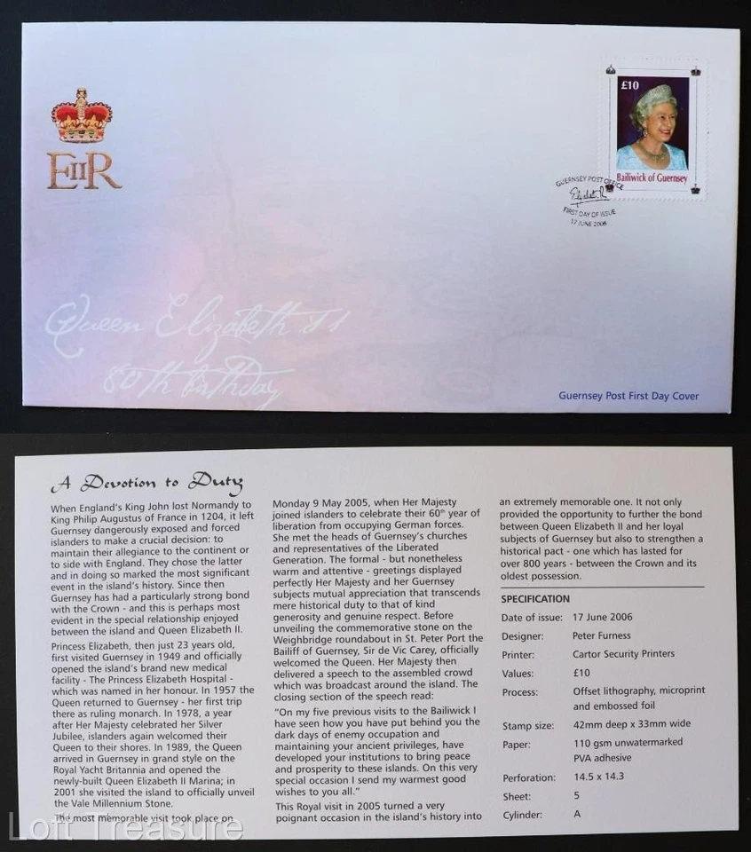Guernsey Stamps: "Queen Elizabeth II - 80th Birthday" £10 Value Stamp FDC 2006 - Image 1 of 3