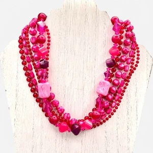 Collar Kramer Vintage Rosa Rojo Lucita Cuentas Oro Estrás Cierre 6 Hilos - Imagen 1 de 11