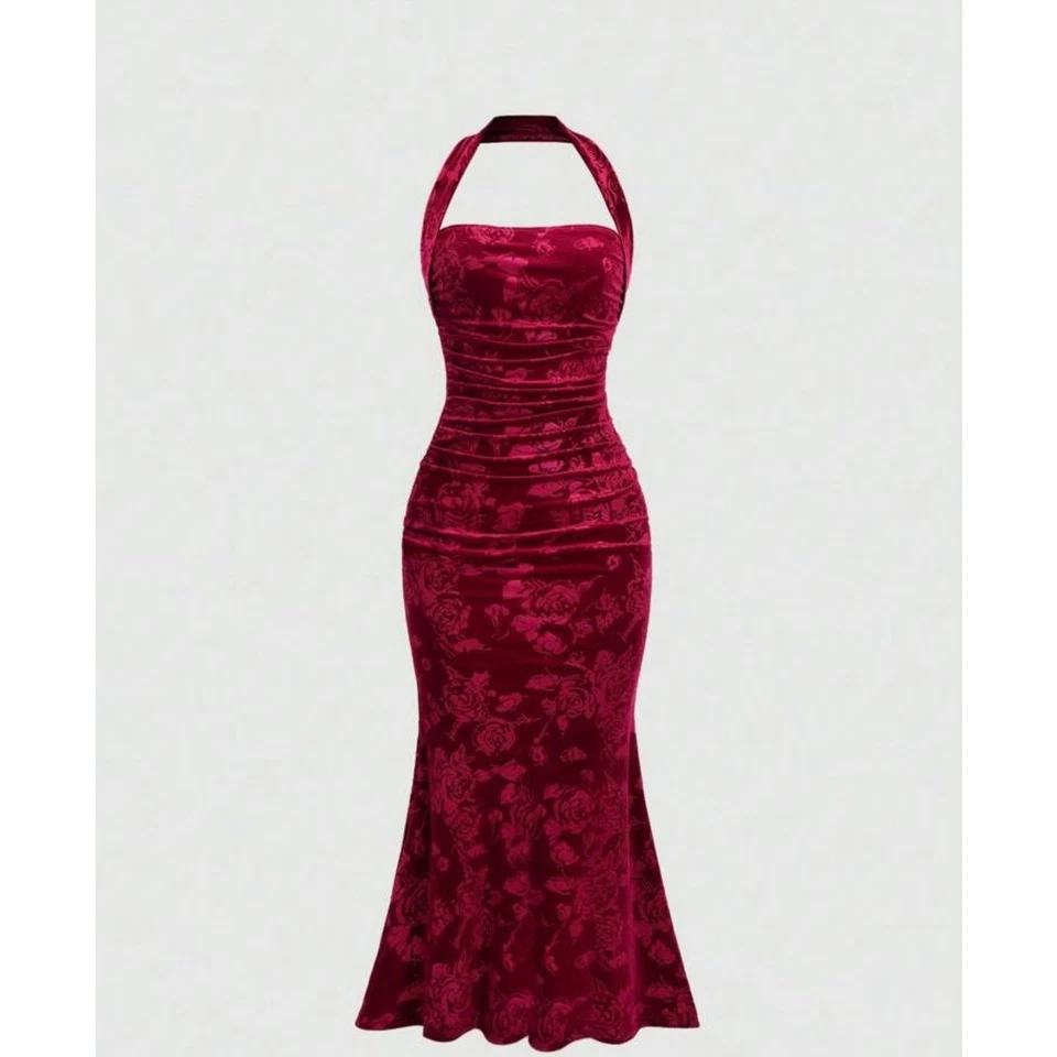 Vestido de Fiesta de Vacaciones Terciopelo Abertura Dobladillo Halter Cuello Ajustado Maxi Vestido Borgoña XS  Foto 1 de 4